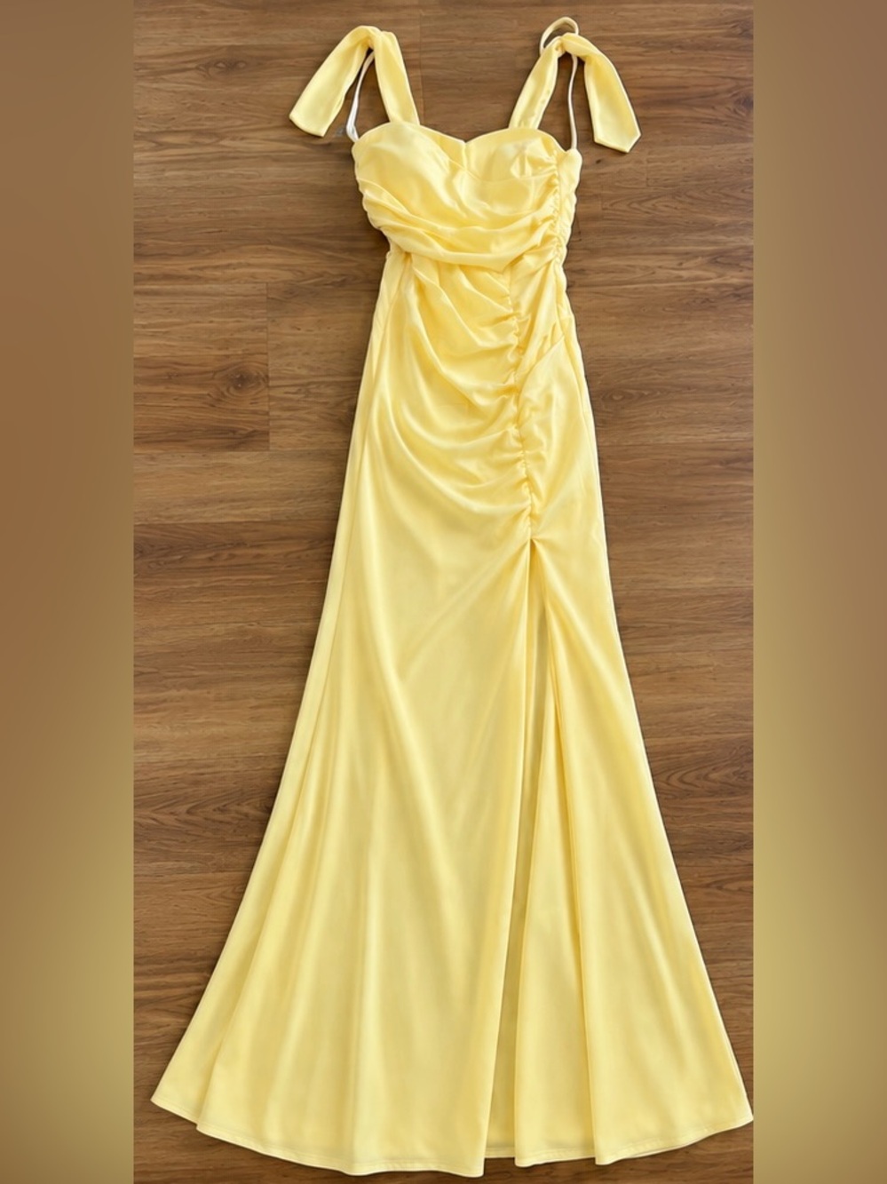 Windsor Yellow Satin Ruched Tie-Shoulder Maxi Dress